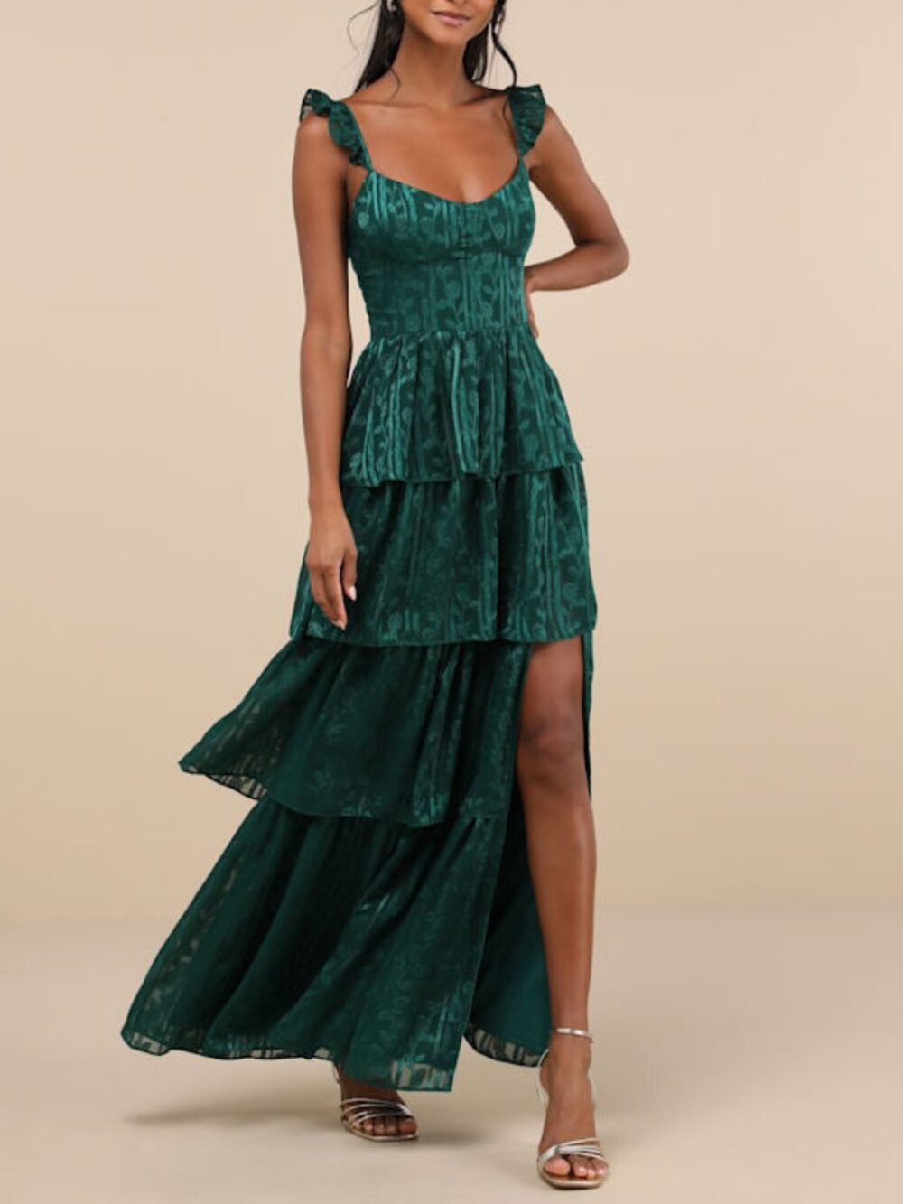 Lulus Stunning Glory Hunter Green Floral Jacquard Tiered Maxi Dress - Size S